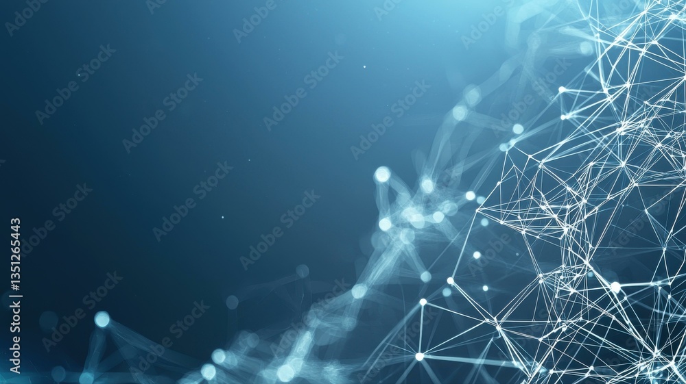 Poster futuristic digital network with glowing nodes and lines on a blue background, representing connectiv