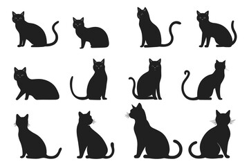 cute black cats silhouette on a white background. set of cat silhouette collection, Cats Silhouettes set. Cute cat silhouette set different various poses. 