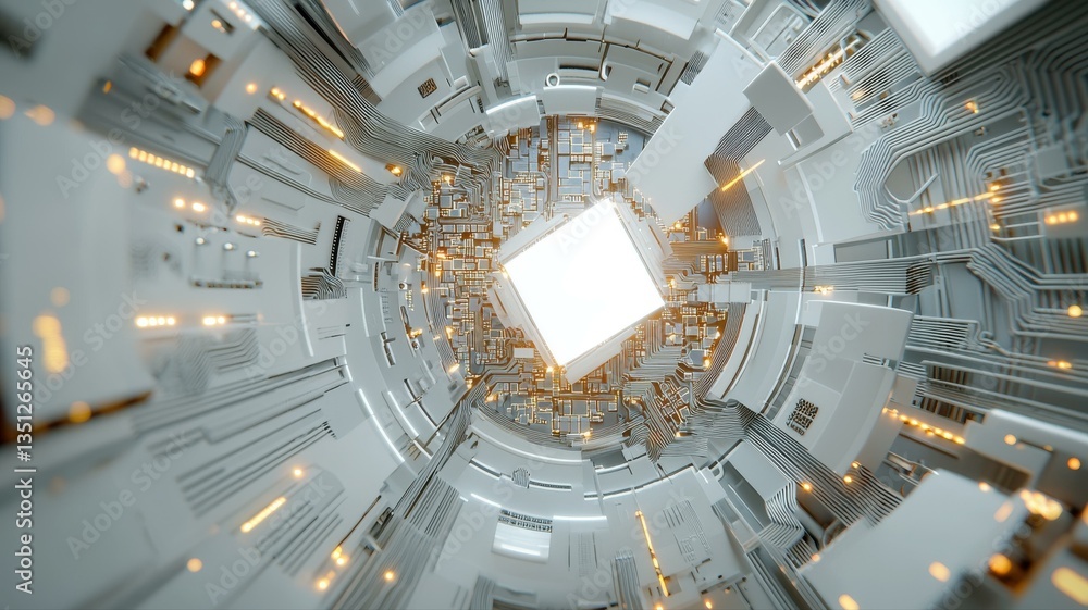 Poster futuristic symmetrical digital tunnel with glowing lights and geometric patterns, depicting advanced