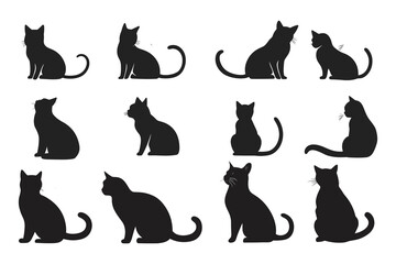 cute black cats silhouette on a white background. set of cat silhouette collection, Cats Silhouettes set. Cute cat silhouette set different various poses. 