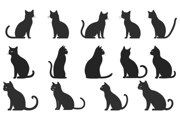 cute black cats silhouette on a white background. set of cat silhouette collection, Cats Silhouettes set. Cute cat silhouette set different various poses. 