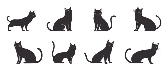 cute black cats silhouette on a white background. set of cat silhouette collection, Cats Silhouettes set. Cute cat silhouette set different various poses. 