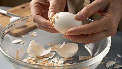 A pair of hands is shown peeling a hard-boiled egg.