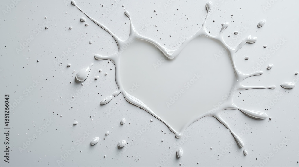 Poster heart-shaped milk splash on a white surface, creatively design your projects with this unique liquid