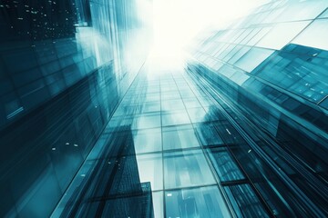 Modern Skyscrapers with Glass Facades Reaching Towards Sky in Urban Environment, Abstract Architectural Perspective from Ground Level, Cityscape Background