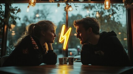 Young couple enjoying coffee date in a cozy coffee