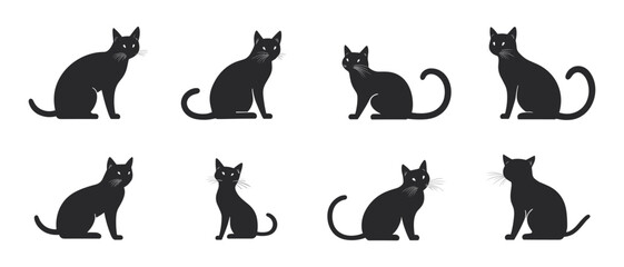 cute black cats silhouette on a white background. set of cat silhouette collection, Cats Silhouettes set. Cute cat silhouette set different various poses. 