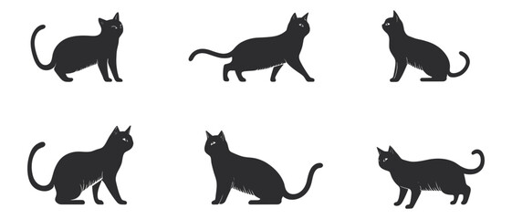 cute black cats silhouette on a white background. set of cat silhouette collection, Cats Silhouettes set. Cute cat silhouette set different various poses. 