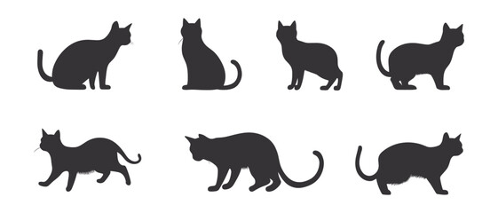 cute black cats silhouette on a white background. set of cat silhouette collection, Cats Silhouettes set. Cute cat silhouette set different various poses. 