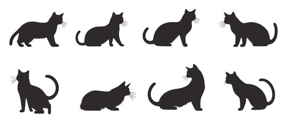 cute black cats silhouette on a white background. set of cat silhouette collection, Cats Silhouettes set. Cute cat silhouette set different various poses. 
