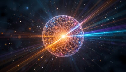 Obraz premium Global Network Connection, Abstract Sphere, Abstract sphere with glowing network lines and light rays.