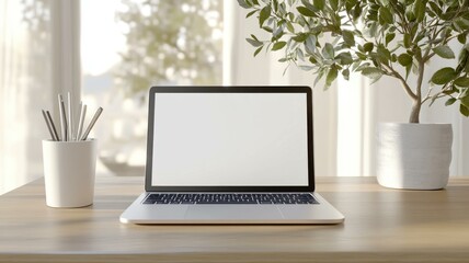 Fototapeta premium Modern laptop on a wooden desk with a bright background. Ideal workspace for productivity and creativity.
