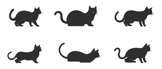 cute black cats silhouette on a white background. set of cat silhouette collection, Cats Silhouettes set. Cute cat silhouette set different various poses. 