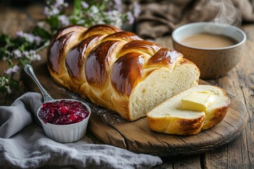 Freshly baked Zopf bread with jam and butter on rustic breakfast table