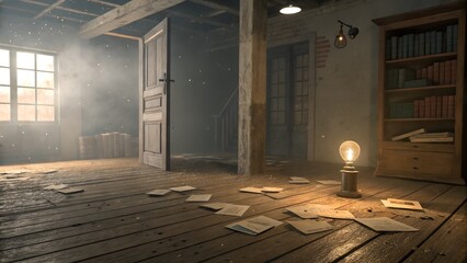 An atmospheric and slightly eerie image depicts a dimly lit, aged attic or room. 