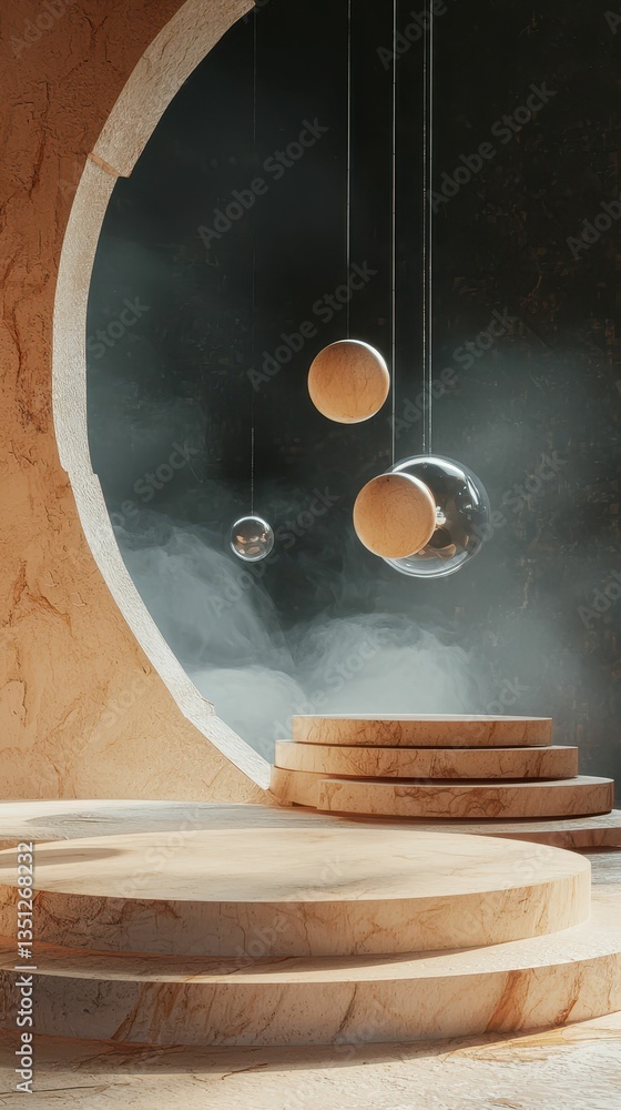 Poster surreal scene of an empty stage with floating objects on podium