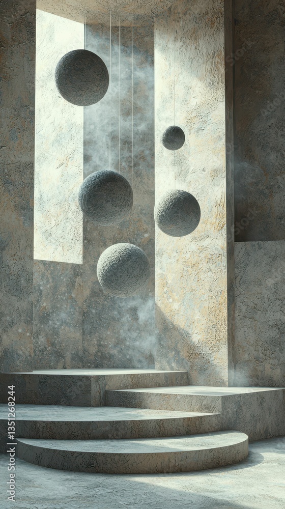 Poster surreal and empty stage with floating objects in a minimalist scene