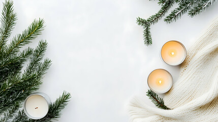 Cozy winter scene candles, fir branches, and a knit sweater on a white background; ideal for holiday greeting cards