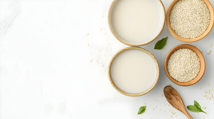 Creamy Sesame Milk Bowls, Grains, and Leaves on White Marble Background.  Perfect for healthy food blogs or recipe websites
