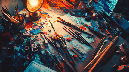 Creative table set with paint and brushes lit by warm light showcasing organized chaos of art supplies for inspired artistic projects.