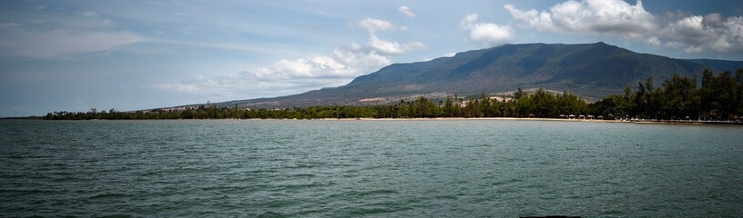 Panorama views from the coast of Cambodia near the town of Kampot on the beaches of the Nataya Resort - the bay here is very shallow as the water color shows