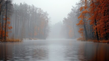 Naklejka premium Misty autumnal forest scene by a lake