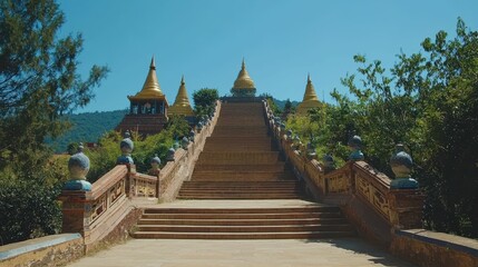 Fototapeta premium Grand Staircase Leading to Oudong Mountains Under Clear Blue Sky