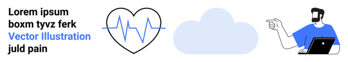 Heartbeat monitor in heart shape, cloud, person with laptop gesturing. Ideal for health tech, cloud computing, remote work, data analytics, wellness, digital services flat landing page banner