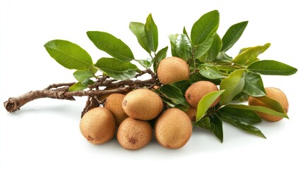 Obraz premium Freshly harvested sapodilla fruits on a branch with green leaves, showcasing their natural texture and color