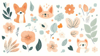 Cute dogs and flowers illustration; spring design elements; pastel colors; white background; ideal for greeting cards or children's books