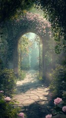 Fototapeta premium Serene Hidden Garden Pathway with Lush Blossoms and Greenery