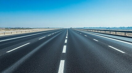 Empty highway vanishing point, asphalt road, clear blue sky, desert landscape.
