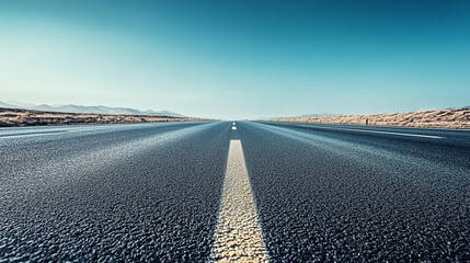 Empty asphalt road vanishing into a clear blue sky and distant mountains under bright sunlight.
