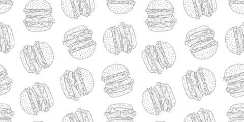 doodle burger pattern background. doodle fast food burger seamless pattern background. seamless pattern of burger in doodle style. Seamless Pattern of a Cheese Burger or Hamburger. hamburger pattern.