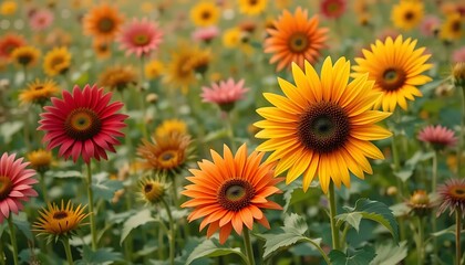 Obraz premium Vibrant sunflowers bloom in a colorful field, creating a cheerful and bright landscape with yellow, orange, and red petals in full bloom, showcasing the beauty of nature