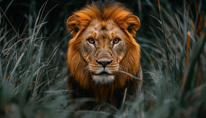 Naklejka premium A majestic lion stands in tall grass, its fur a rich golden brown, with a striking orange mane.