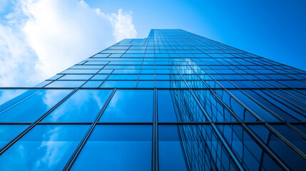 Modern Glass Skyscraper Exterior Reflecting Blue Sky and Clouds Architectural Design