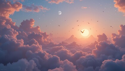 Sunset Above the Clouds, Birds in Flight, Peaceful sunset scene with birds flying above fluffy clouds.