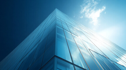 Modern Glass Skyscraper Exterior Architectural Design Blue Facade Sunlight Reflection
