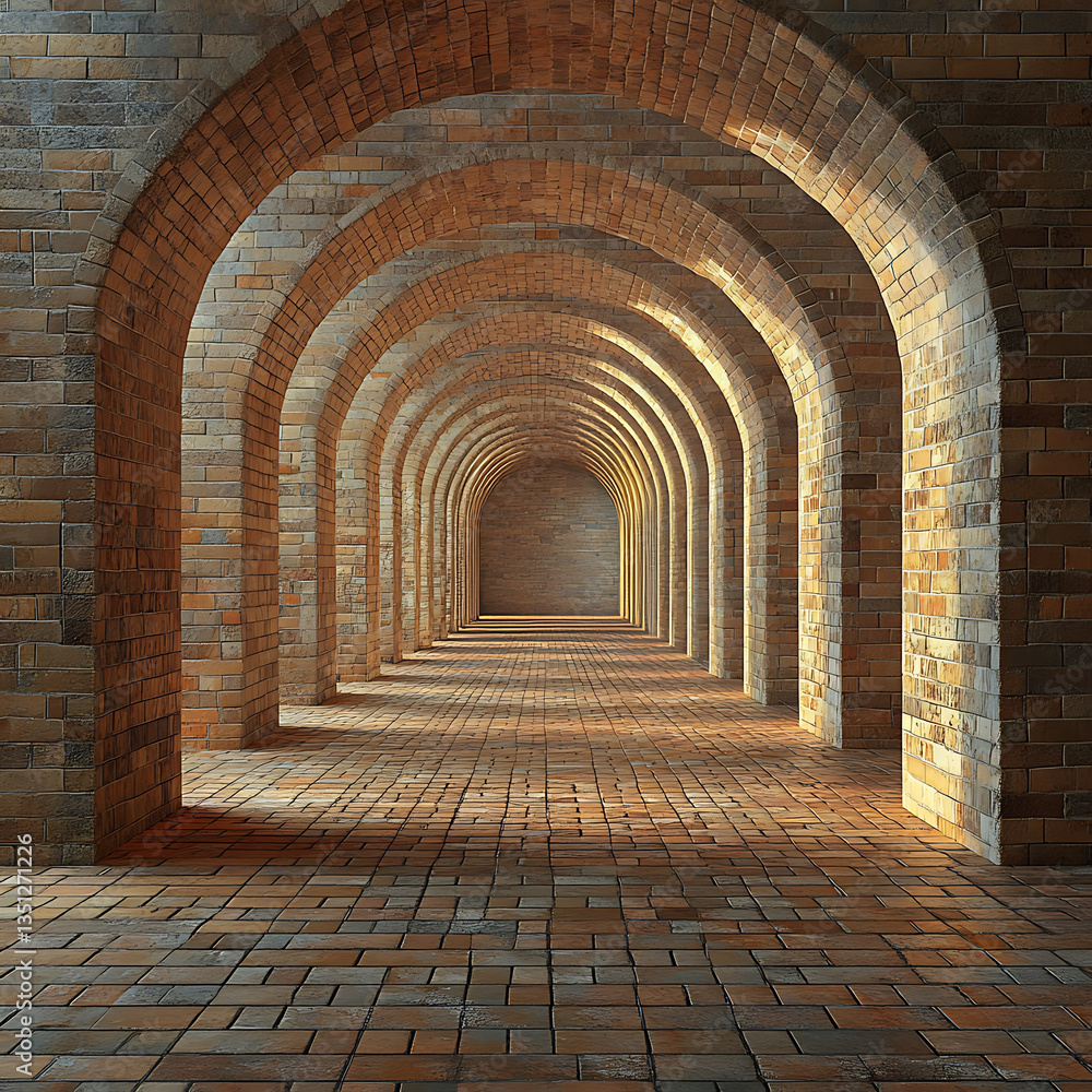 Poster stunning brick tunnel featuring multiple arches, showcasing intricate patterns and warm lighting tha