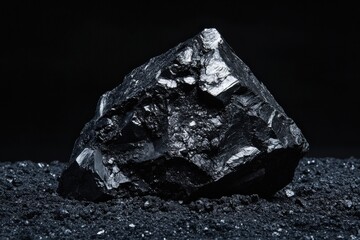 Fototapeta premium A single dark rock resting on a dark substance background