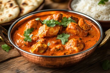 Creamy curry with tender chicken, garlic naan and rice served
