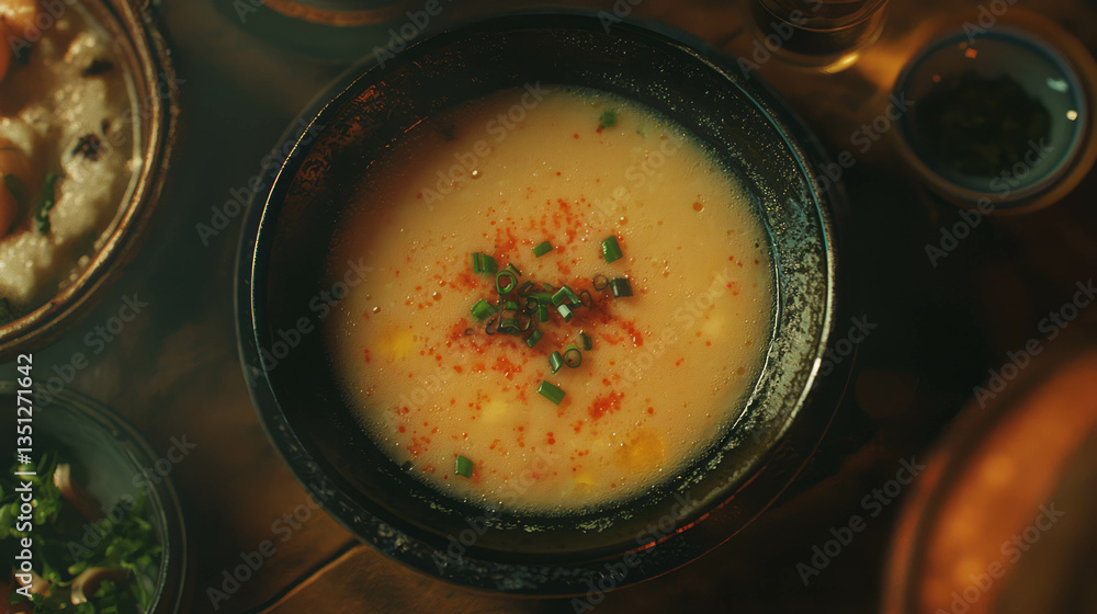 Poster delicious egg drop soup garnished with scallions and spices in a rustic setting