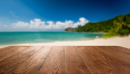 Fototapeta premium long wood table with seaside landscape blur background