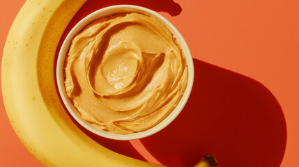 Creamy peanut butter in bowl with fresh banana on bright orange background
