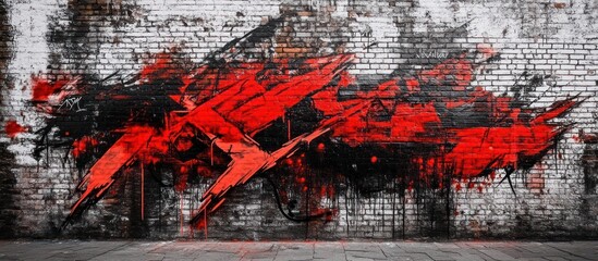 A bold and contrasting red and black graffiti mural on a brick wall. The urban street art concept captures both intensity and creativity, with striking contrasts and textures. 