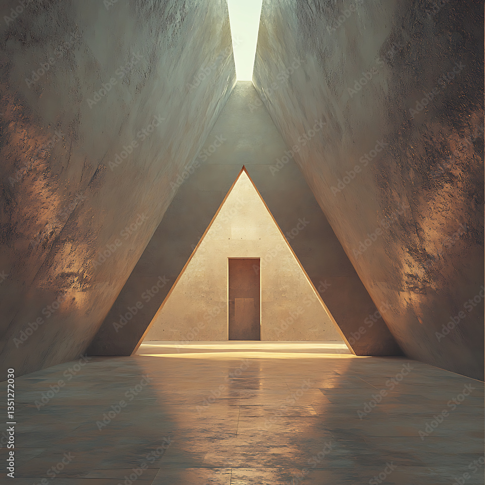 Aufkleber modern architectural space featuring triangular design with central door, illuminated by natural lig