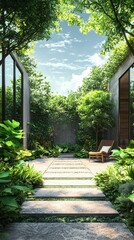 Obraz premium Modern Urban Oasis Garden with Lush Greenery and Serenity