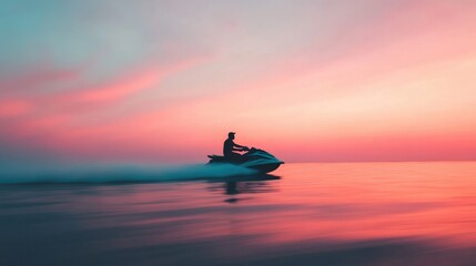 Obraz premium A Thrilling Jet Ski Adventure at Sunset Over Calm Waters with Beautiful Pink and Orange Sky Reflection