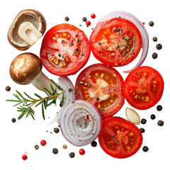 Sliced tomatoes mushrooms red onion rosemary garlic and peppercorns